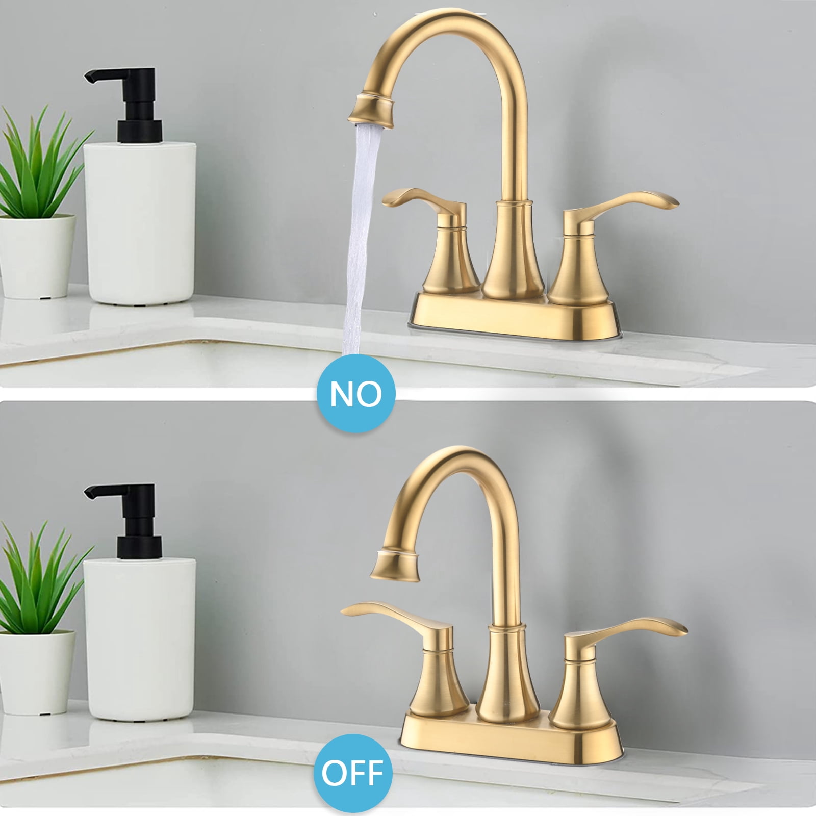 MAYEERTY 4"Centerset Bathroom Faucet with 360° Swivel Spout, Pop-Up Drain & Dual Handles, Brushed Gold