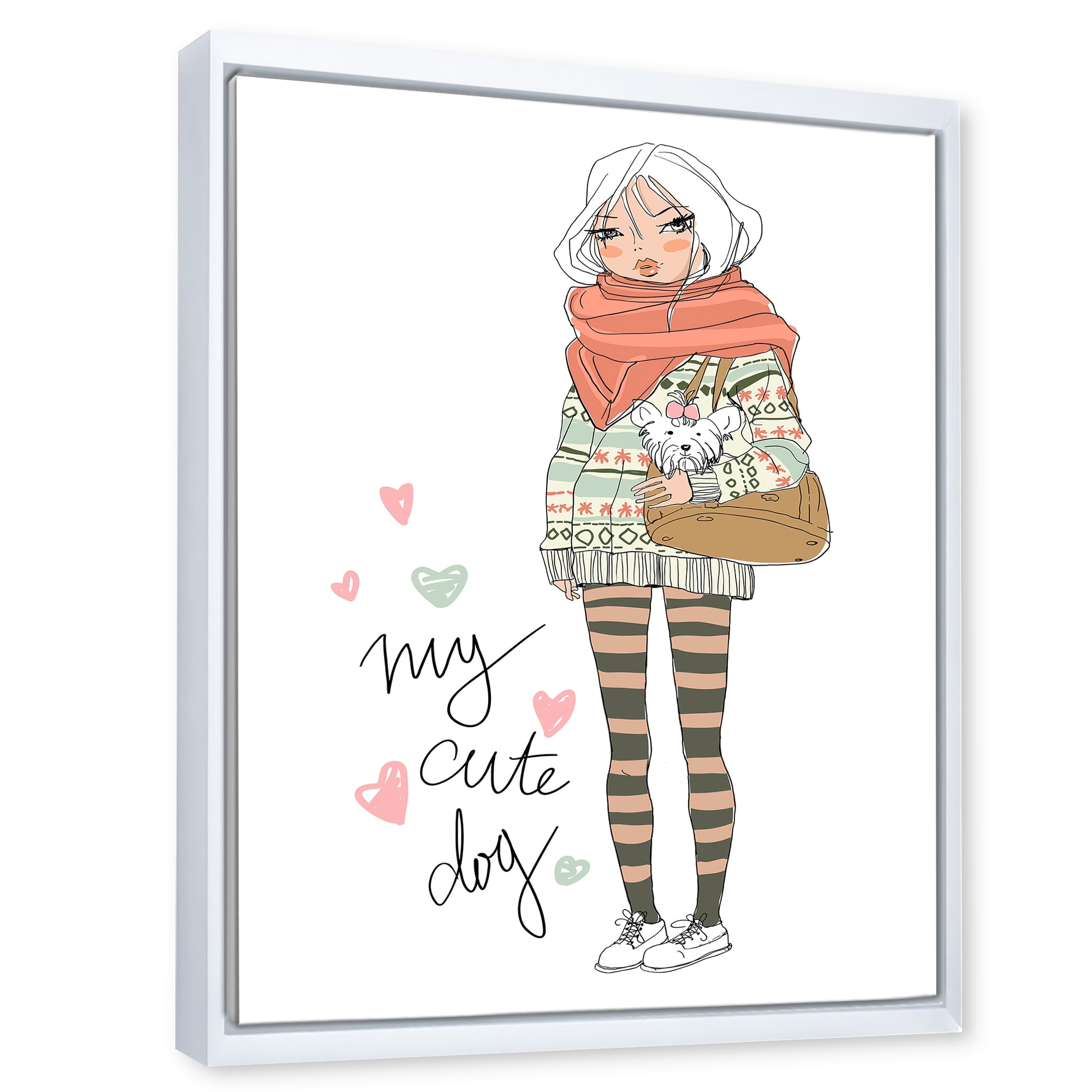 Designart 'My Cute Dog Cute Girl With Dog' Shabby Chic Framed Canvas Wall Art Print
