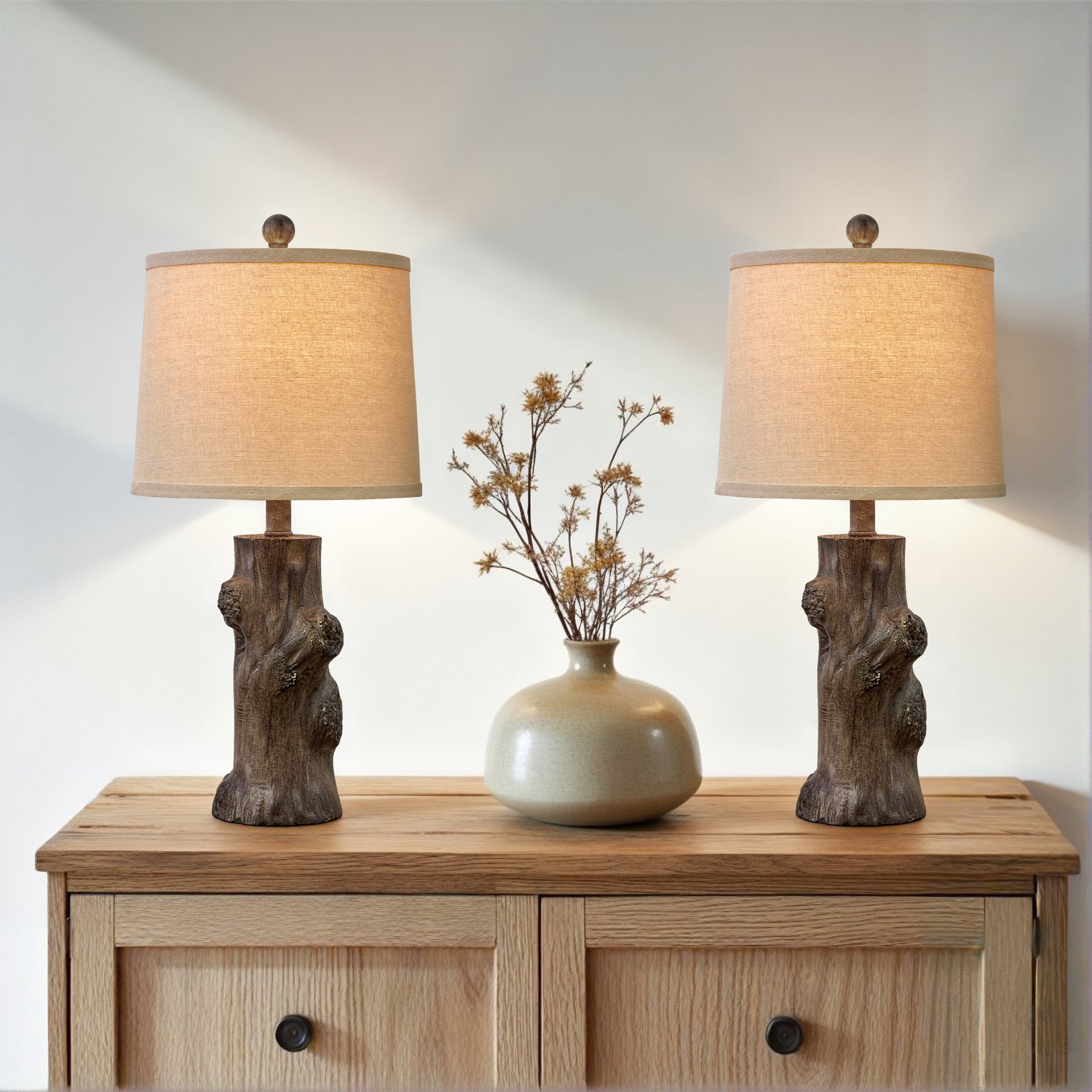 Oneach Farmhouse Resin Table Lamp Set of 2 for Living Room Bedroom 23" Tree Trunk Wood Grain Rustic Nightstand Bedside Lamps with Lamp Shades
