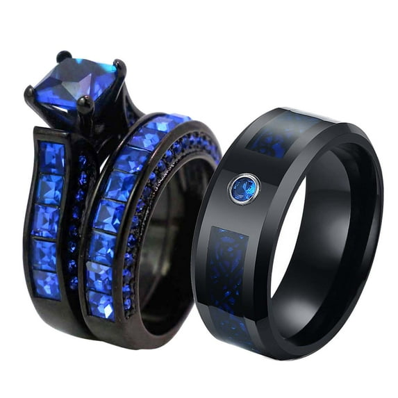 Matching Rings Couple Ring Black Gold Plated Princess cut 1CT Blue CZ Women Wedding Ring Sets