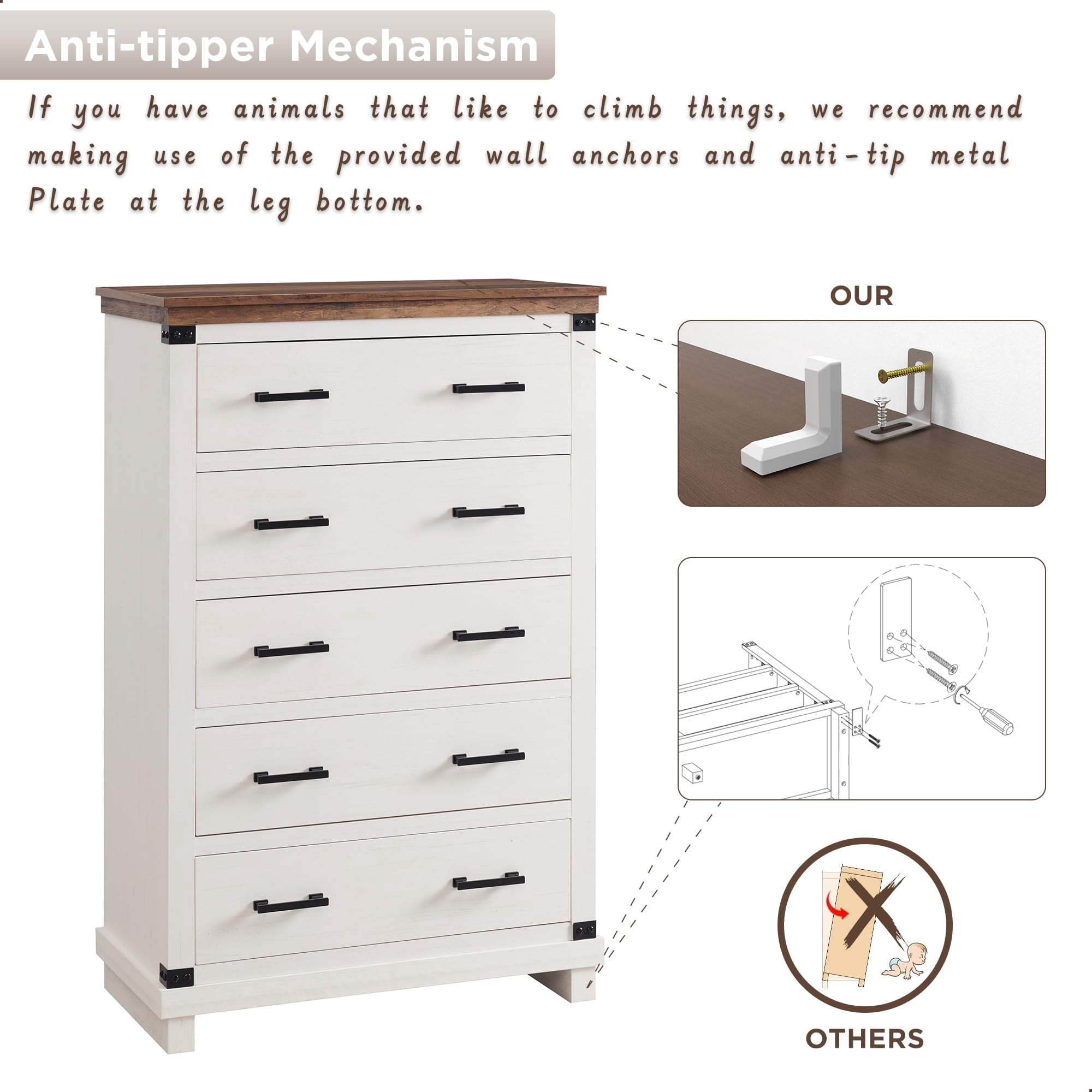 OKD Farmhouse 5 Drawers Dresser for Bedroom, Wood Tall Chest of Drawers with Thick Plank Styling, Rustic Closet Dresser for Bedroom, Living Room, Antique White