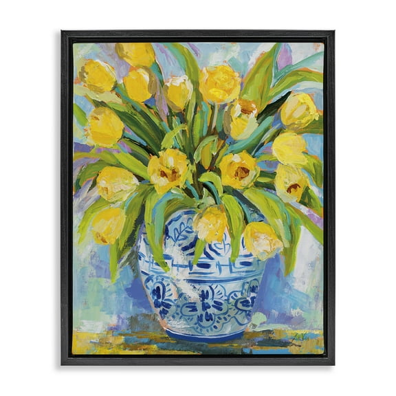 Stupell Industries Expressive Yellow Tulips in Vase Botanical & Floral Painting Black Floater Framed Canvas Art Print Wall Art, 17 x 21