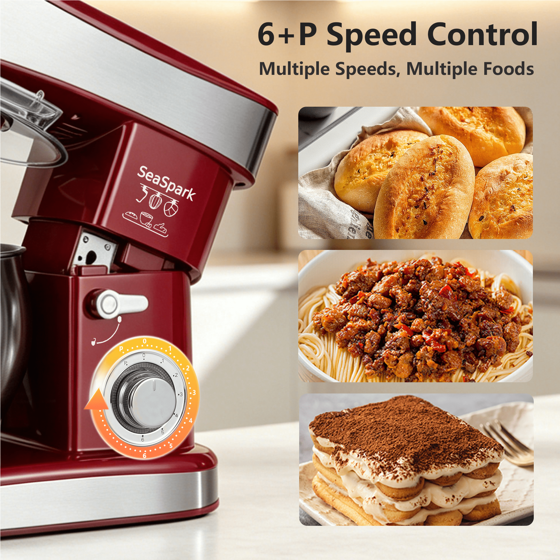 SeaSpark 6-in-1 Multifunctional Stand Mixer 6.3 QT 6-Speed Electric Kitchen Mixer with Bowl, Juicer & Meat Grinder, 400W Red
