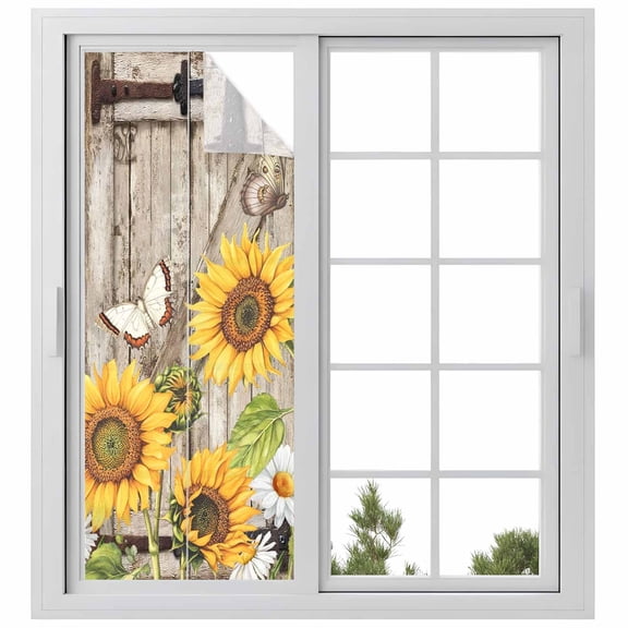 Farmhouse Sunflowers Window Privacy Film,Rustic Barn Doors Flowers Butterfly Wooden Static Cling UV Sun Blocking Window Tint Day and Night,Non-Adhesive One Way Privacy Cover 29.5''x78.7''