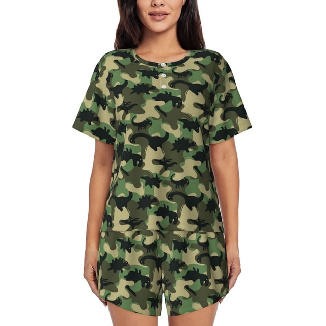 Fotbe Camouflage Dinosaur Conjunto de Pijama Estampado para Mujer, 2 Piezas, Ropa de Dormir con Camiseta de Manga Corta y Shorts Suaves-XX-Large