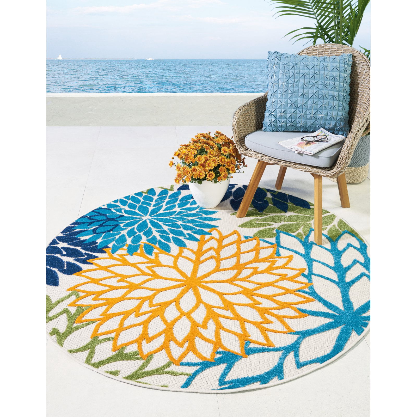 Nourison Tropical Oasis Indoor/Outdoor Modern Floral Multicolor 4' x ROUND Area Rug, (4' Round)