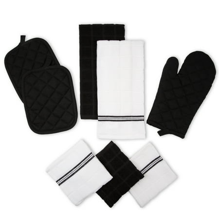 Mainstays Kitchen Towel, Dishcloth, Oven Mitt, and Pot Holder 8 Pack Set, Black, 100% Cotton