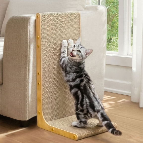 Conlun Cat Scratcher Cardboard,L Shape Scratch Pad,Vertical Scratching Board, Durable Cardboard to Protect Furniture for Indoor Cats,Light Wood Large