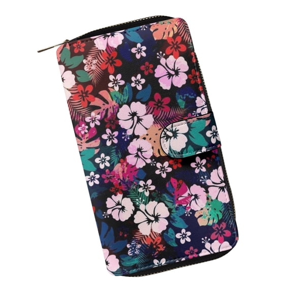 Xoenoiee Women's Long Bifold Wallet Faux Leather Card Holder Purse with Zipper Pocket Elegant Clutch Snap Wallet for Girls Ladies, Colorful Leaves Hibiscus Floral Pattern