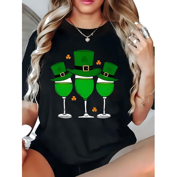 St. Patrick's Day Knit Top with Clover Hat and Wine Glass Design, Polyester Blend, Round Neck, Short Sleeve - Machine Washable, Oriented Tee For Adult, Men, Women, Teen, Teenager, Adolescent, Youth.
