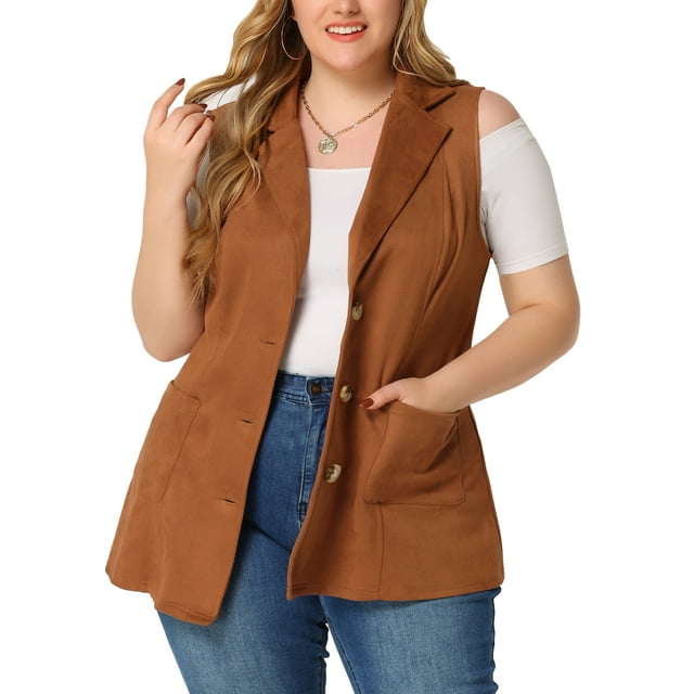 Agnes Orinda Veste Sans Manches pour Femmes Grande Taille Col Cranté Utilitaire Décontractée en Faux Suède 3X Brun Foncé