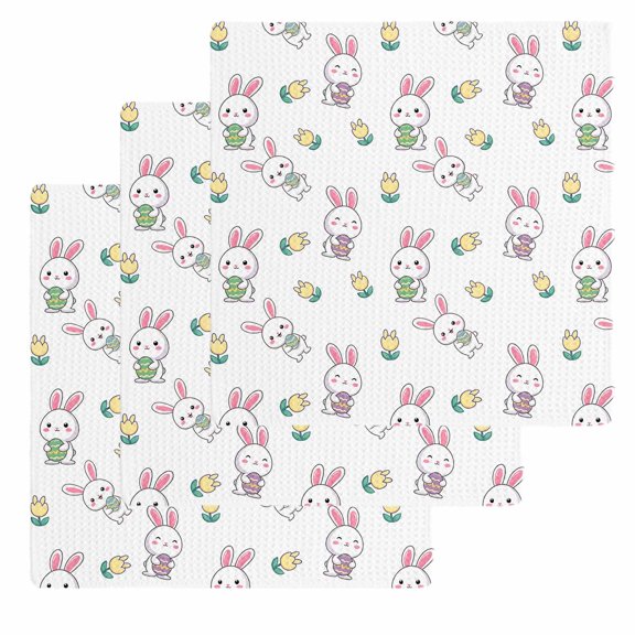 Easter Bunny Kitchen Dish Towels for Drying Dishes Set of 3, Cute Rabbits Green Eggs Spring Tulips Waffle Weave Microfiber Hand Tea Bathroom Towels Quick Dry & Absorbent Towel 12x12