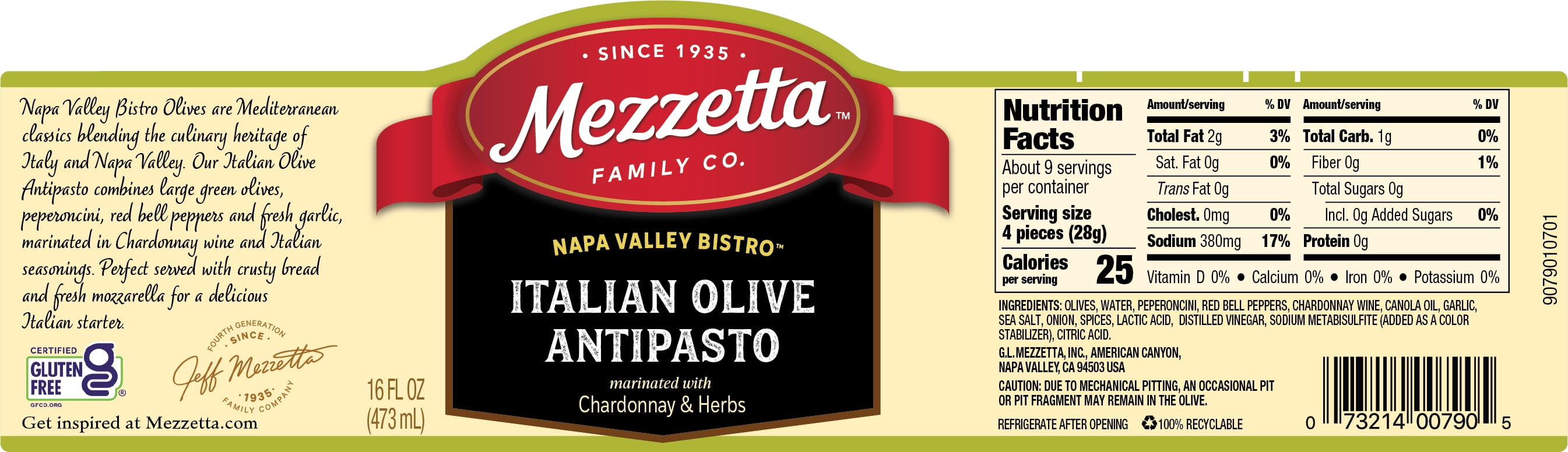 (3 pack) Mezzetta Napa Valley Bistro™ Italian Olive Antipasto with Chardonnay & Herbs, 16 oz jar, Gluten Free Certified