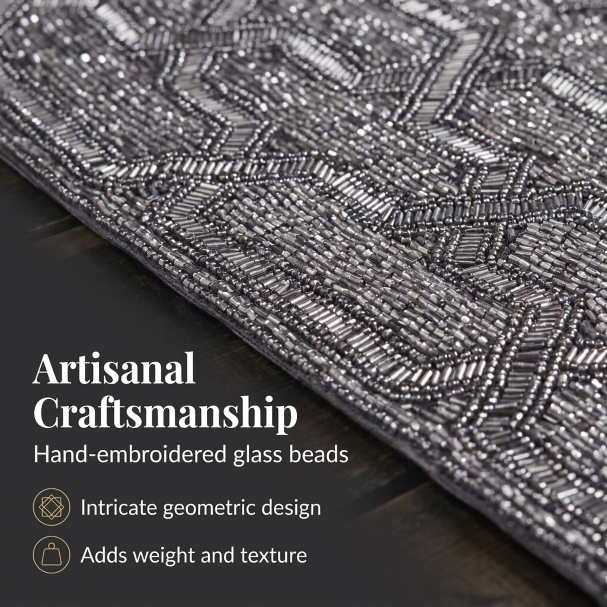 Gray Beaded Placemats Set of 2 for Dining Coffee Table Scratch Heat Stain Resistant Charger Kitchen Decor Durable Tablemats - Fall Autumn Thanksgiving Holiday - 15 Inches