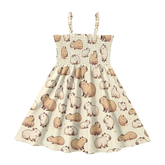 Summer Spaghetti Strap Capybaras A Line Dress Casual Sleeveless Cami Sundress for Size 2-8 Years