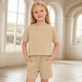 thumbnail image 6 of LIIPEE Girls Outfit Sets Casual Solid Color Loose Fit Short Sleeve Crew Neck Tee Tops Pockets Drawstring Shorts 2 Piece Set Kids Children Comfortable Breathable Cute Clothing,Khaki,11-12 Years, 6 of 6