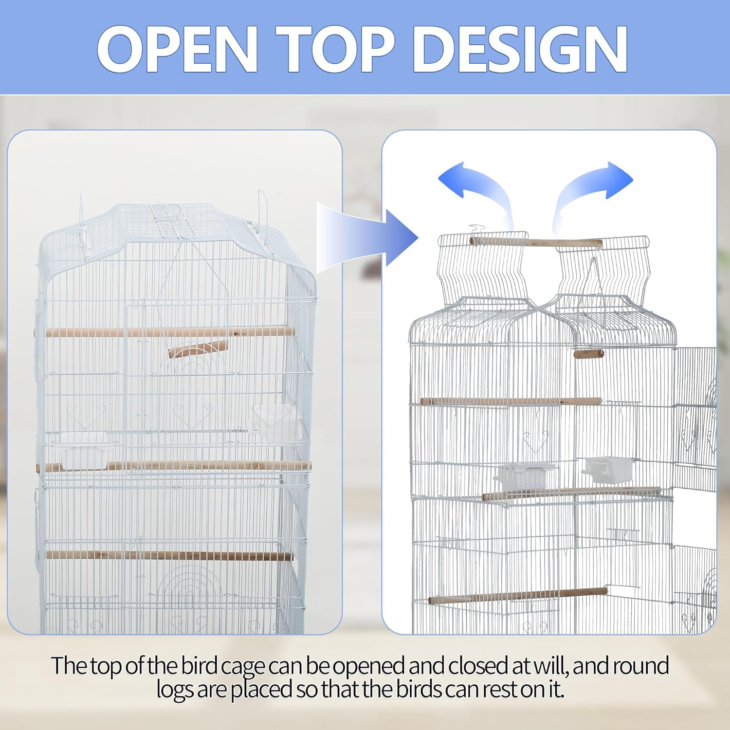 CL.HPAHKL Large Bird Cage, 64 inch Parakeet Cage with Open Play Top & Rolling Stand, Wrought Iron Birdcage for Parrot Cockatiel Cockatoo Lovebird, White