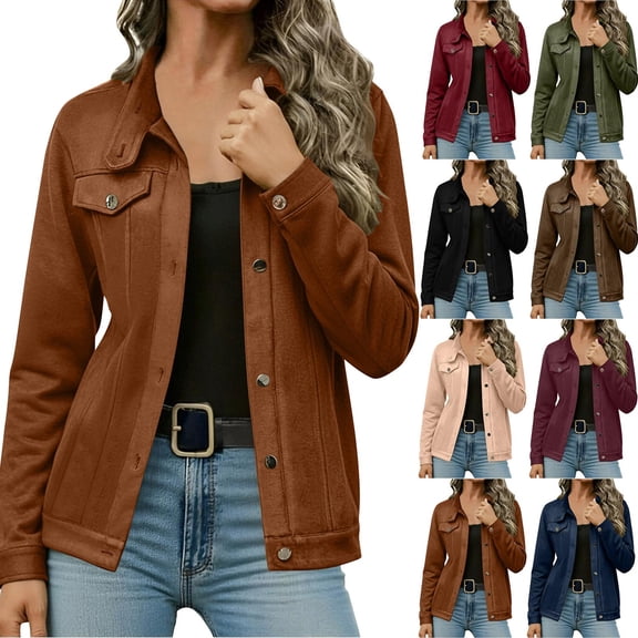 Women Button Down Denim Style Jacket Sevevn Lapel Long Sleeve Soft Fabric Casual Outerwear with Chest Flap Pockets