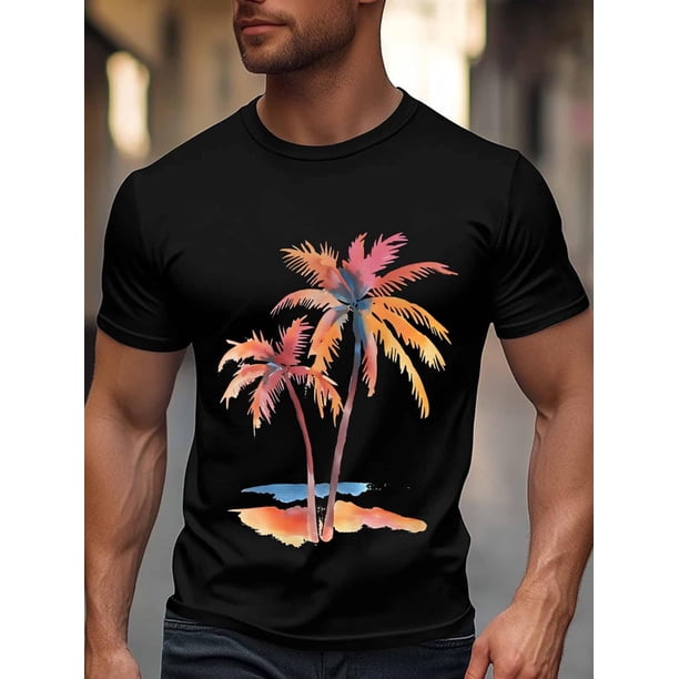Camiseta de manga corta para hombre, estilo casual, con estampado de palmeras y cuello redondo.