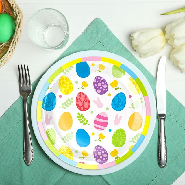 Uklsqma Assiettes en Papier Peintes Jetables de Pâques / Assiettes en Papier Pulpe Robustes Multicolores 7 et 9 Pouces / Vaisselle Festive Imperméable et Résistante à l'Huile pour Fêtes, Pique-Niques et Brunchs / Écoresponsable