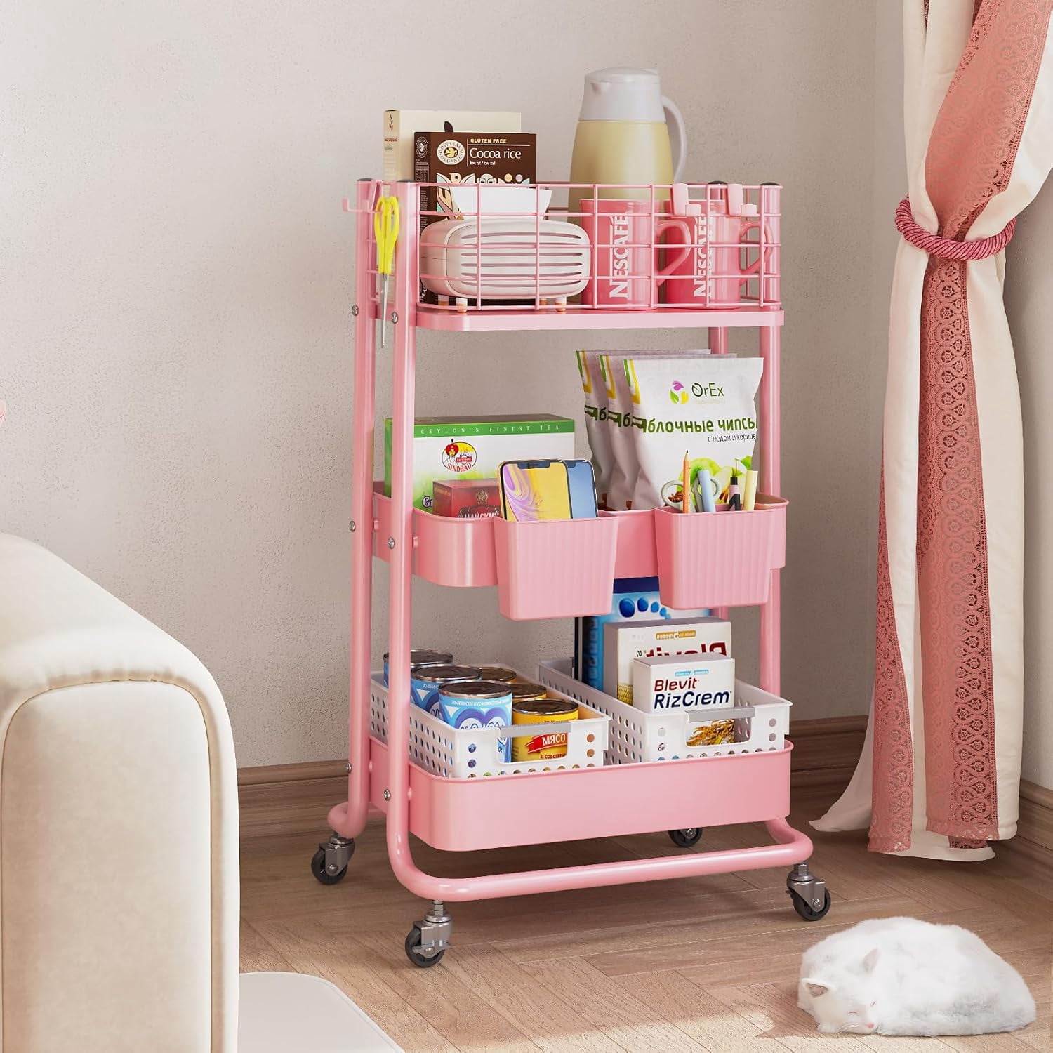 3 Tier Utility Rolling Cart, Metal Storage Cart with Lockable Wheels, Multifunctional Storage Organizer Trolley with Mesh Baskets for Kitchen, Living Room, Office, Bathroom, Garage, Pink