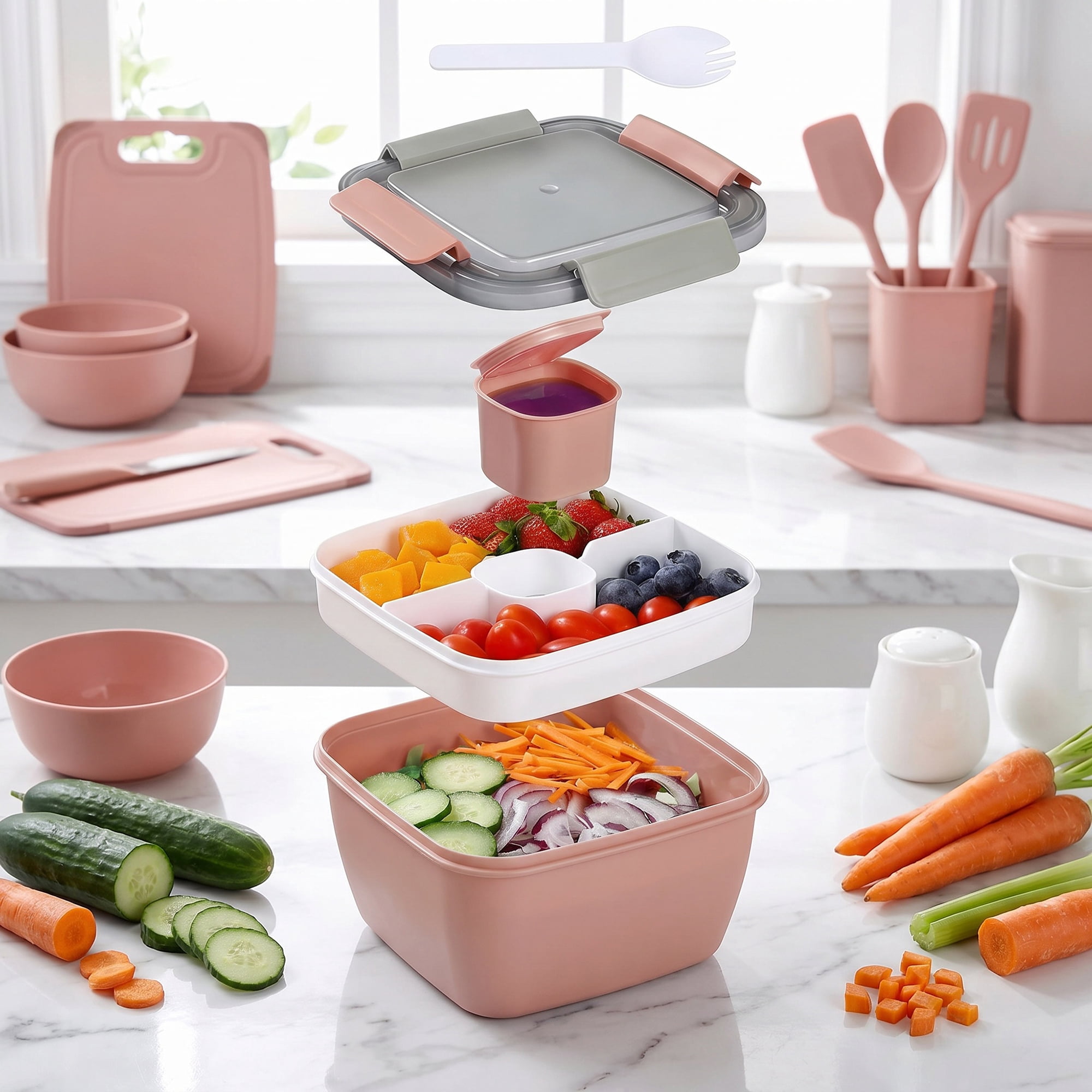Unique Bargains Lunch Leak-Proof Meal Prep Container with Dressing Cup Pink-2