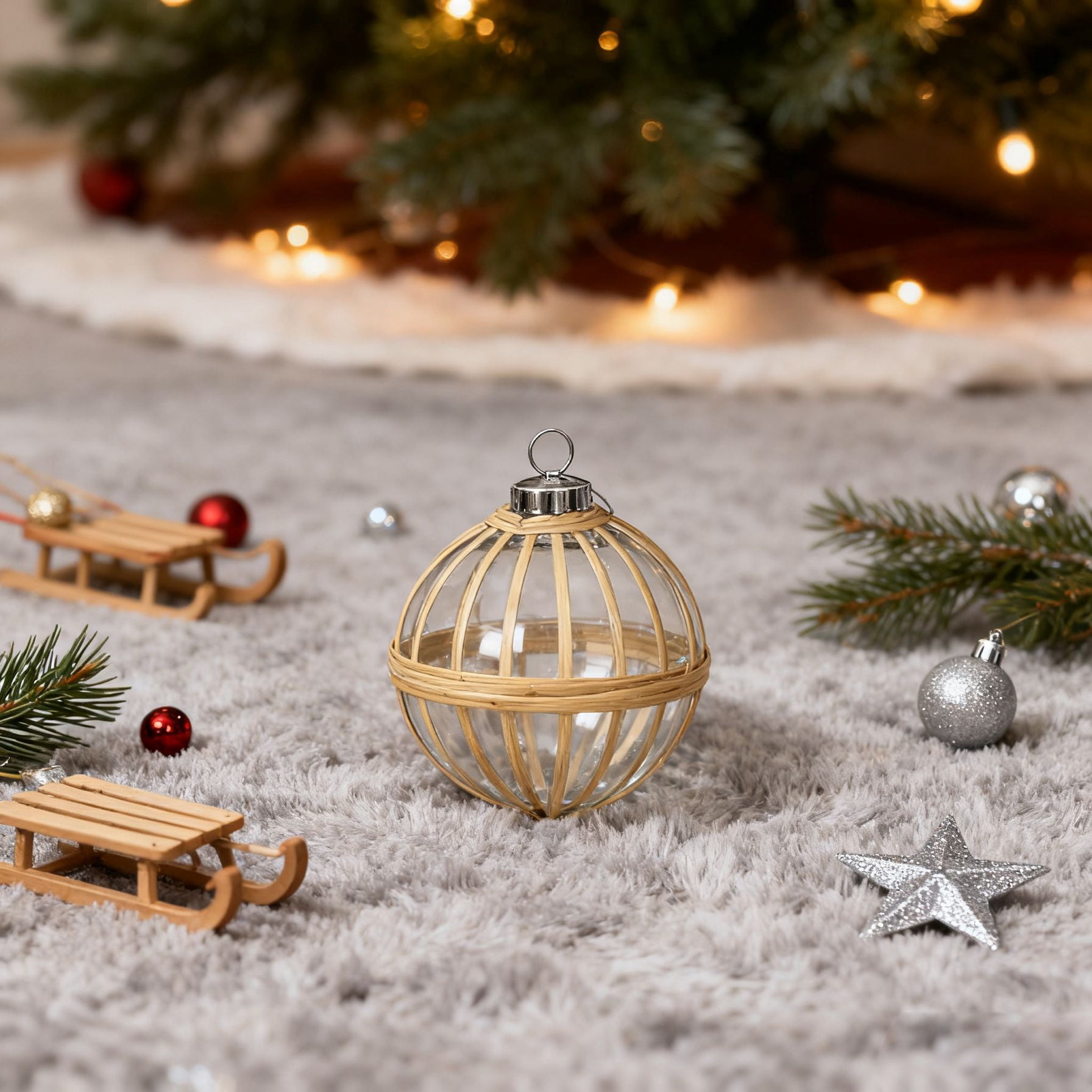 Glass and Cane Christmas Ball Ornament 4.5 Inch Rustic Natural Texture Tree Garland Decor