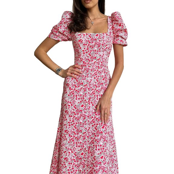 Womens Summer Midi Dress Casual Short Puff Sleeve Floral Print A-Line Dress Elegant Flowy Dress