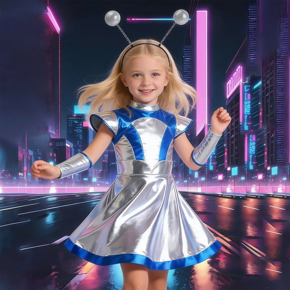 XAOFW Halloween Girls Ai Alien Court Dress Headband Arm Sleeves 3 Piece Sets Toddler Kids Stage Performance Outfits