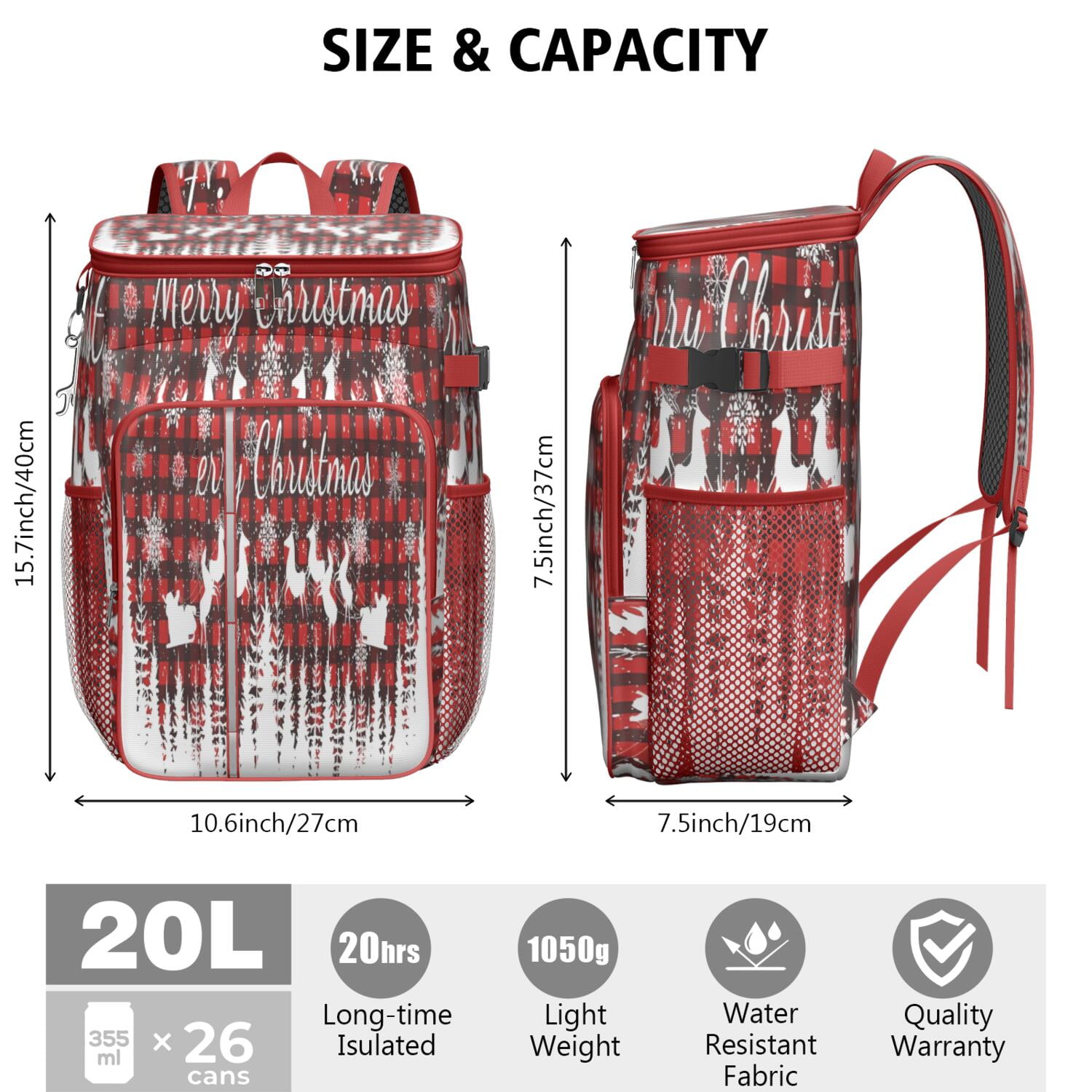 Travel Cooler Bag - Red Christmas Pattern Camping Beer Cooler Backpack with Bottle Opener- Waterproof Insulated Picnic Backpacks - Cooler Bag for Beach