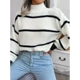 thumbnail image 3 of Striped Mock Neck Knit Sweater – Full Size Ribbed Cozy Acrylic Knit, 3 of 11