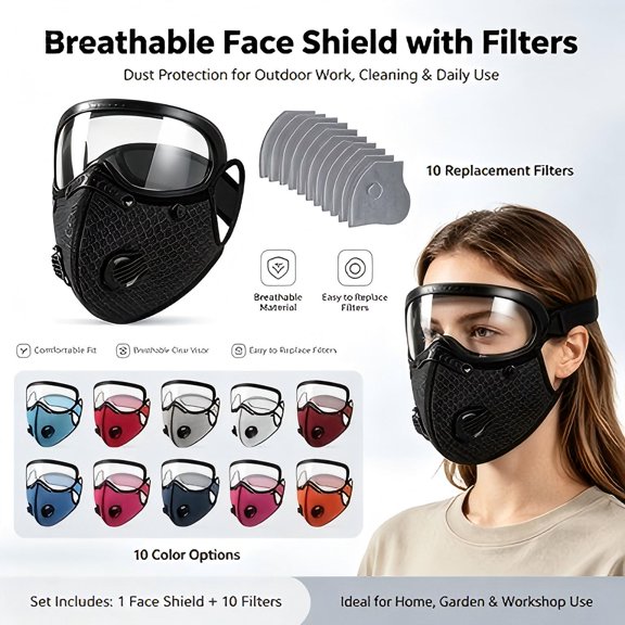 Face Mask for Dust with Detachable Clear | Reusable Mask with 10 Filter for Sports & Outdoor | Protective Motorcycle Protective Gear for Men Women | Black