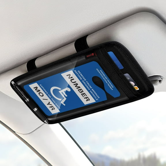 SITHON Handicap Placard Holder for Car Sun Visor, Disabled Parking Permit Sign Protector with Pen Holder, Card Slots and Elastic Strap, Black