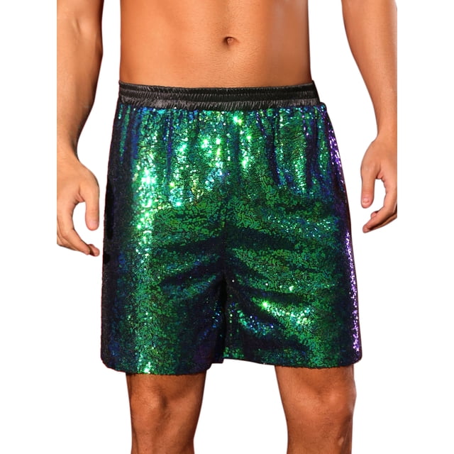 Pantalones cortos de lentejuelas para hombres, con cintura elástica, brillantes, para fiestas, pantalones cortos de brillo 32 verde