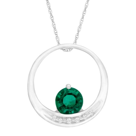 3/4 ct Created Emerald Circle Pendant Necklace with Diamonds in 14kt White Gold