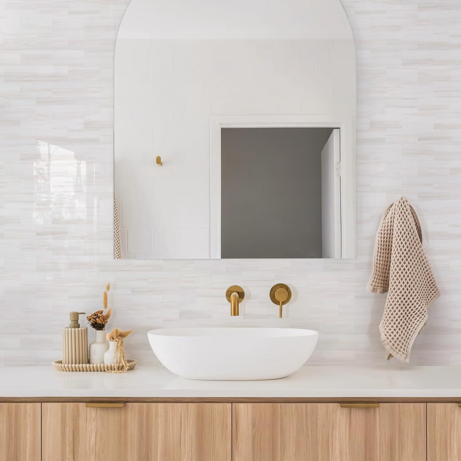 10-Sheet Subway Tile Peel and Stick Wall Tiles, Seamless Design Polished Dolomite Kitchen Backsplash, PVC Stick on Tiles for Kitchen, Bathroom, RV, Fireplace