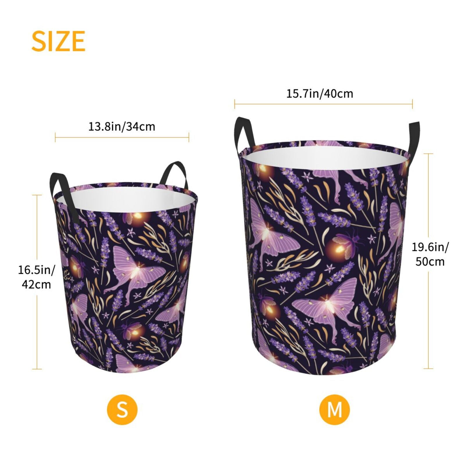 Large Laundry Basket with Handles - Lavender Flowers Glowing Butterfly Kids Baby Dirty Clothes Laundry Hamper for Bedroom Aesthetic