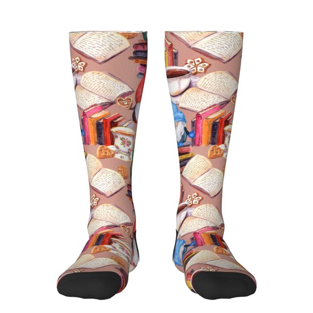 Fotbe Gnomes Books Tea Cups Calcetas Divertidas Estampadas para Hombre y Mujer, Calcetas de Algodón hasta la Rodilla para Caminar, Correr, Enfermería y Embarazo