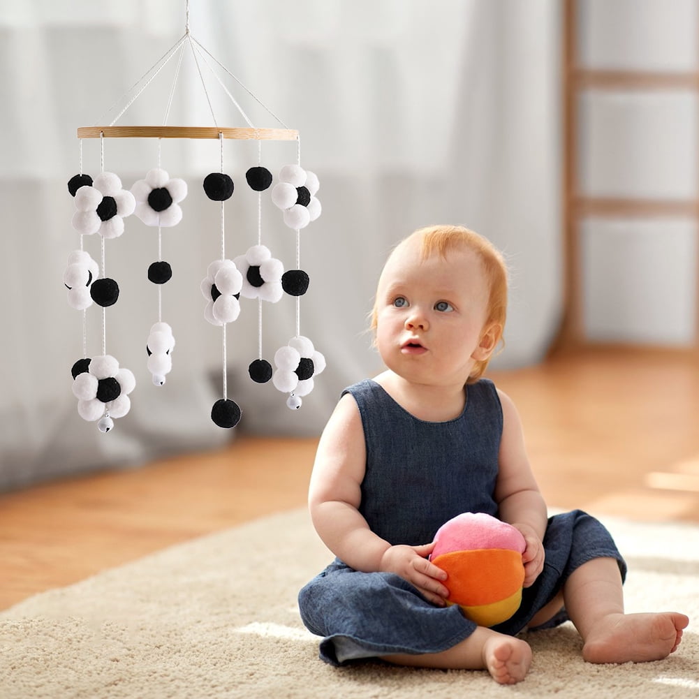 Baby Crib Wind Chimes – Cotton Flower Pendant Hanging Toy, Soothing Nursery Mobile for Newborns, Black