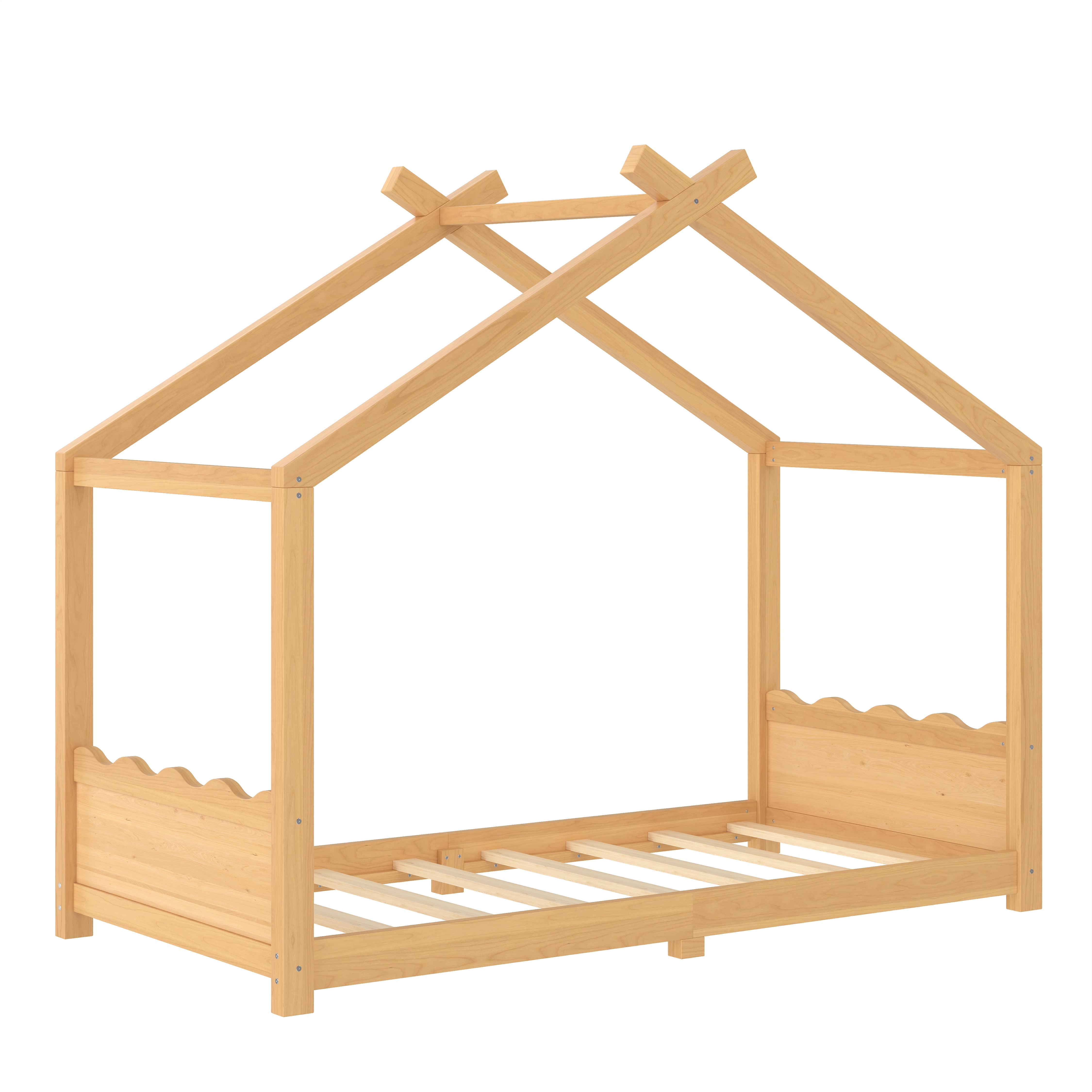 Yoneston Twin House Floor Bed with Roof, Solid Wood Platform Bed Frame with Opening Constructure for Kids, No Box Spring Needed, Natural