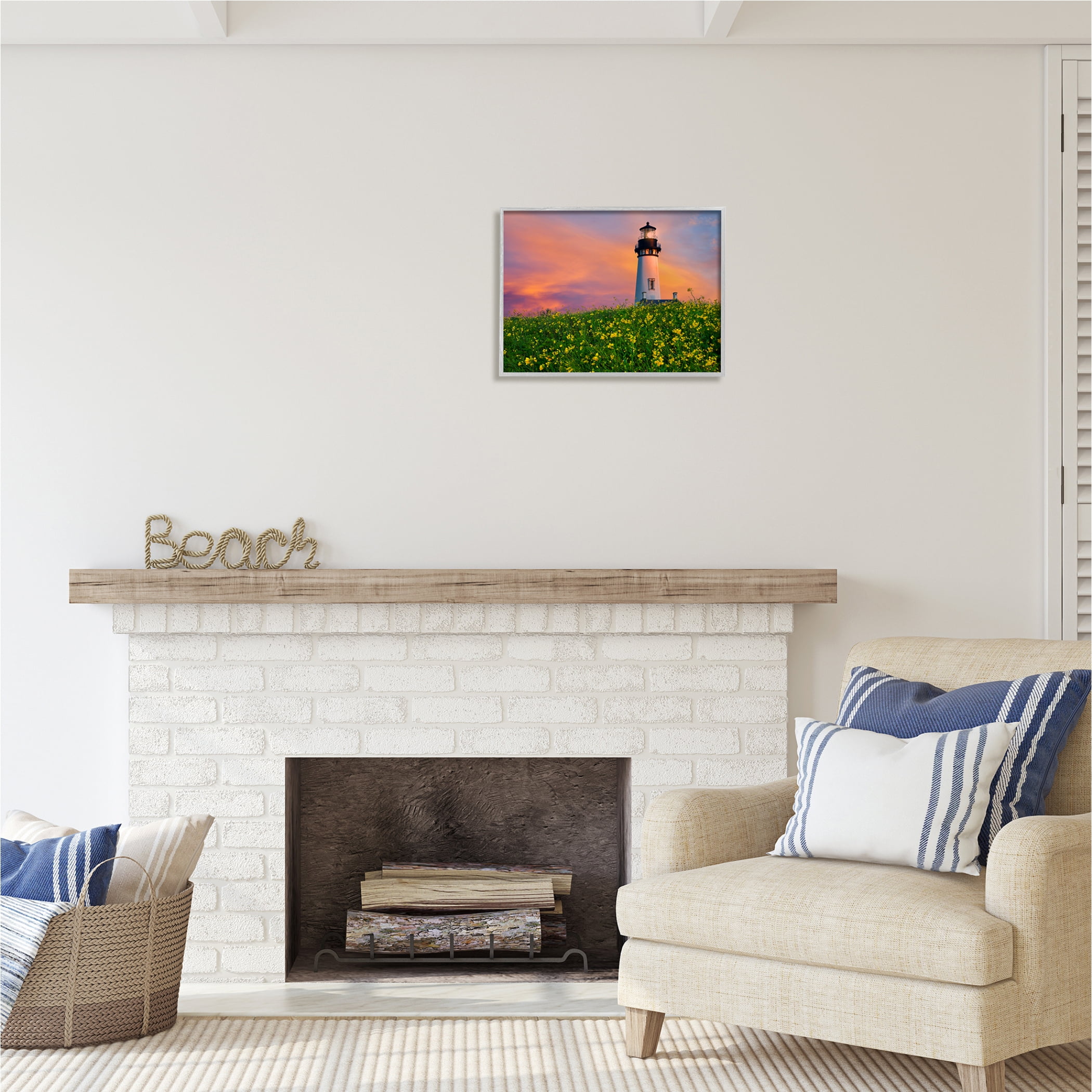Stupell Industries Lighthouse in Meadow Sunrise Nature Photography Gray Framed Art Print Wall Art, 20 x 16