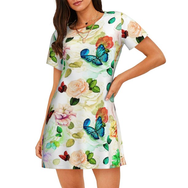 Fotbe Floral Vintage Bata de Dormir para Mujer con Estampado, Camisón de Algodón de Manga Corta, Ropa de Dormir Casual