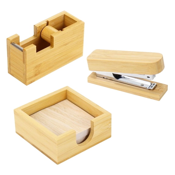 Multibey Bamboo office supplies desktop storage box, wooden sticky note holder, tape dispenser, wooden stapler, suitable for offices, homes and schools