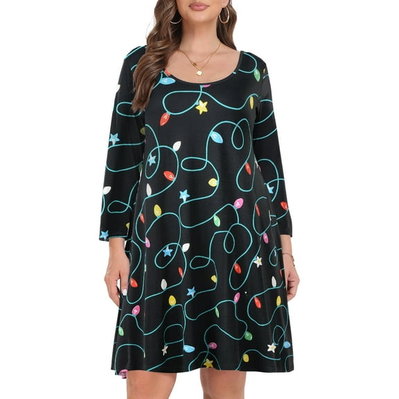 VEPKUL Casual Plus Size Dresses 3/4 Sleeve Loose Fits Dress Crew Neck Flowy Swing with Pockets Flower95_3X