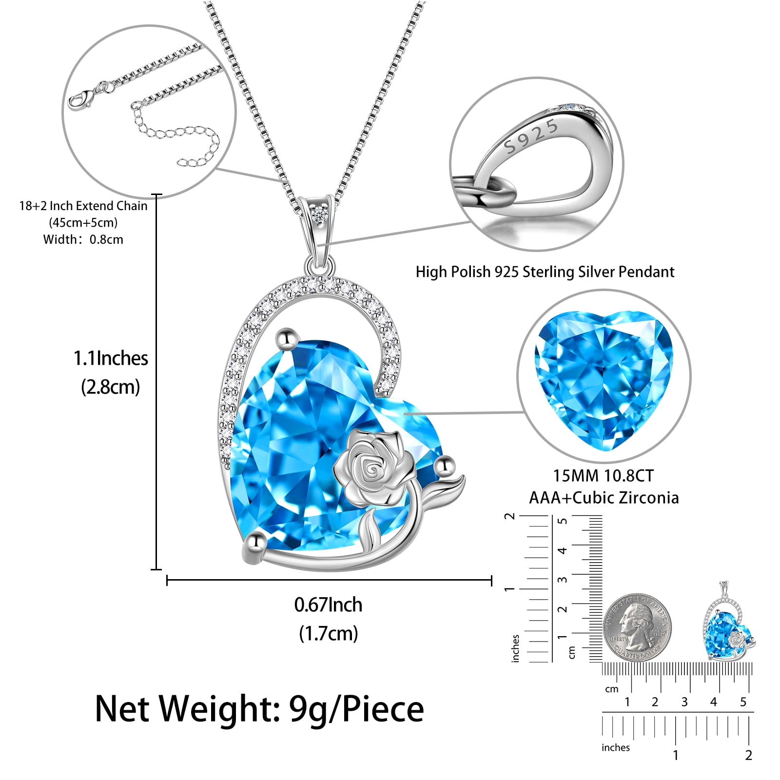 Juwaliy 925 Sterling Silver 15MM Heart Necklace Women March Birthstone Aquamarine Jewelry Blue Topaz Rose Flower Pendant Mother Birthday Valentines Gift for Her