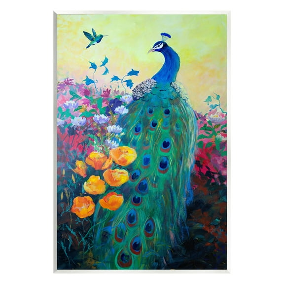 Stupell Industries Peacock & Garden Flowers Animals & Insects Painting Unframed Art Print Wall Art, 10 x 15