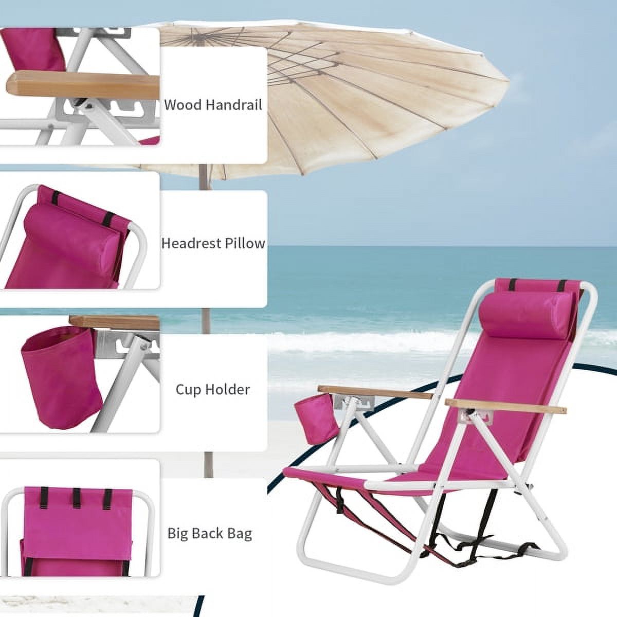 Set of 2 Folding Beach Chair for Adults, 4 Position Portable Backpack Foldable Camping Chair with Headrest Cup Holder and Wooden Armrests, Pink