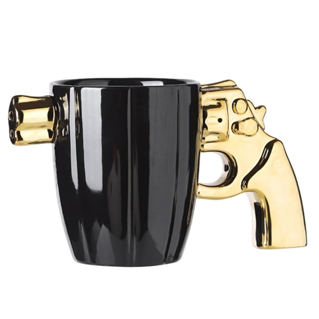 Taza De Cerámica De Café Para Hombre Forma Revolver Pistola 400ml Dorado