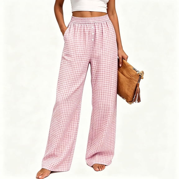 Yifymode Women Wide Leg Pants Gingham Plaid Striped Linen Pants Summer Smocked Waist Boho Beach Palazzo Pant with Pockets,Pink S