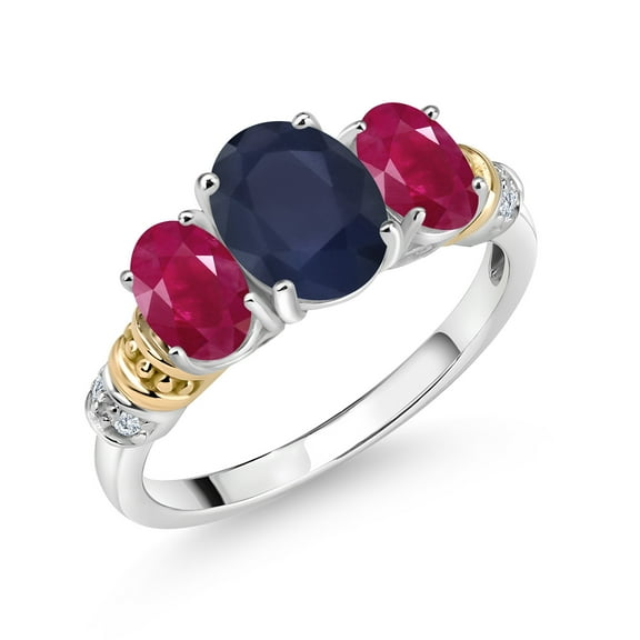 Gem Stone King 925 Sterling Silver and 10K Yellow Gold Oval Blue Sapphire Red Ruby and White Diamond 3 Stone Ring for Women (3.03 Cttw, Gemstone September Birthstone, Size 5)